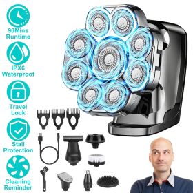 6 In 1 9D Electric Head Shaver for Men Cordless Rechargeable Wet Dry Razor with LED Display Travel Lock Stall Protection Cleaning Reminder